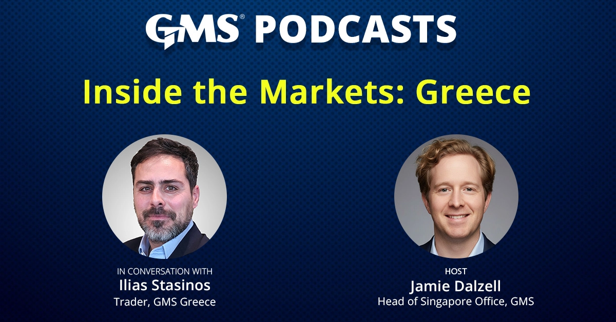 GMS Podcasts Inside the Markets Athens episode cover featuring host Jamie Dalzell and guest Ilias Stasinos of GMS Greece
